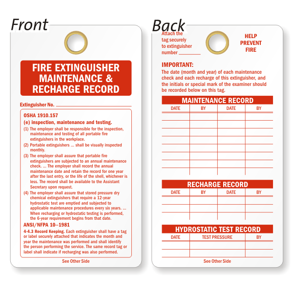 Fire Extinguisher Recharge And Inspection Vinyl Tags, SKU ...