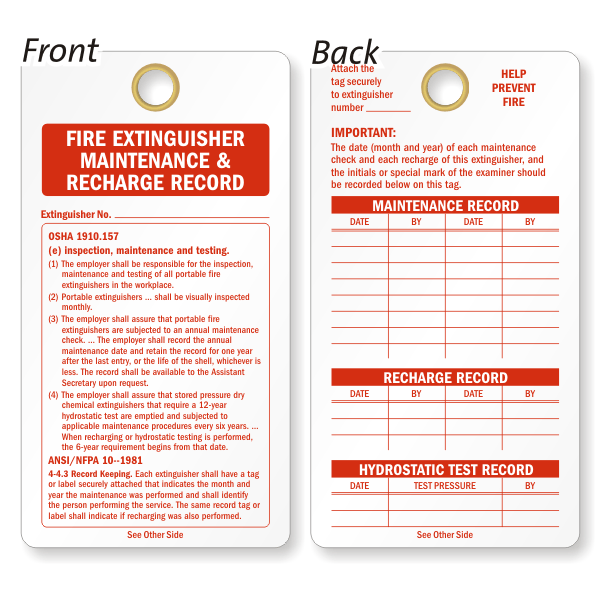 Fire Extinguisher Recharge And Inspection Vinyl Tags, SKU - TG-0223