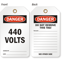 440 Volts OSHA Danger 2 Sided Electrical Tag