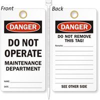 Do Not Operate Maintenance Department Lockout Tag