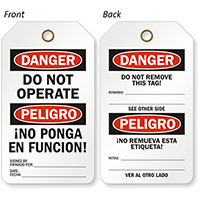 Do Not Operate Two-Sided Bilingual OSHA Safety Tag