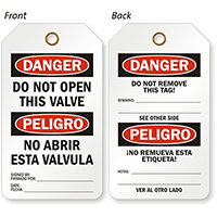 Bilingual Do Not Open Valve Two Sided Safety Tag