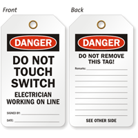 Danger Electrician Working On Line Double Sided Tag