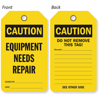 Caution Equipment Needs Repair 2-Sided Tag