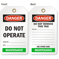 Maintenance Do Not Operate Color-Code Department Danger Tag