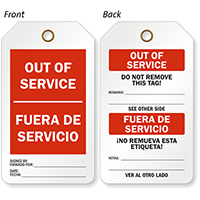 Out Of Service Bilingual Safety 2 Sided Tag