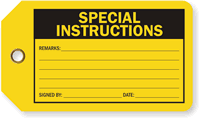 Special Instructions Production Control Tag