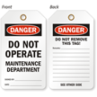 Danger Do Not Operate Maintenance Department Tag